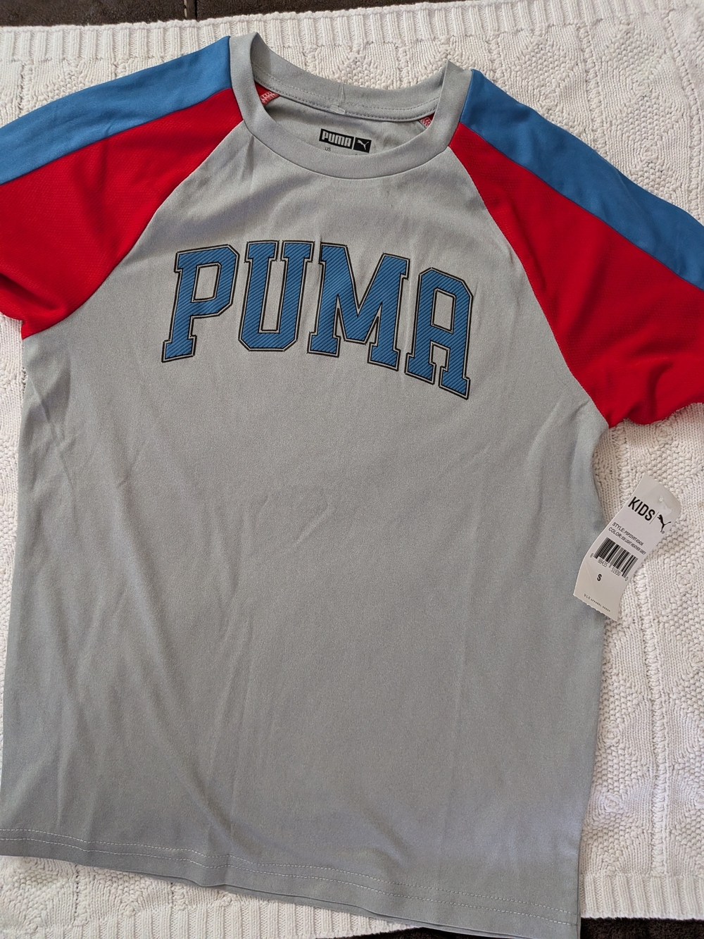Puma Boys Raglan Tee in Light Gray with Red & Sky Blue Accents